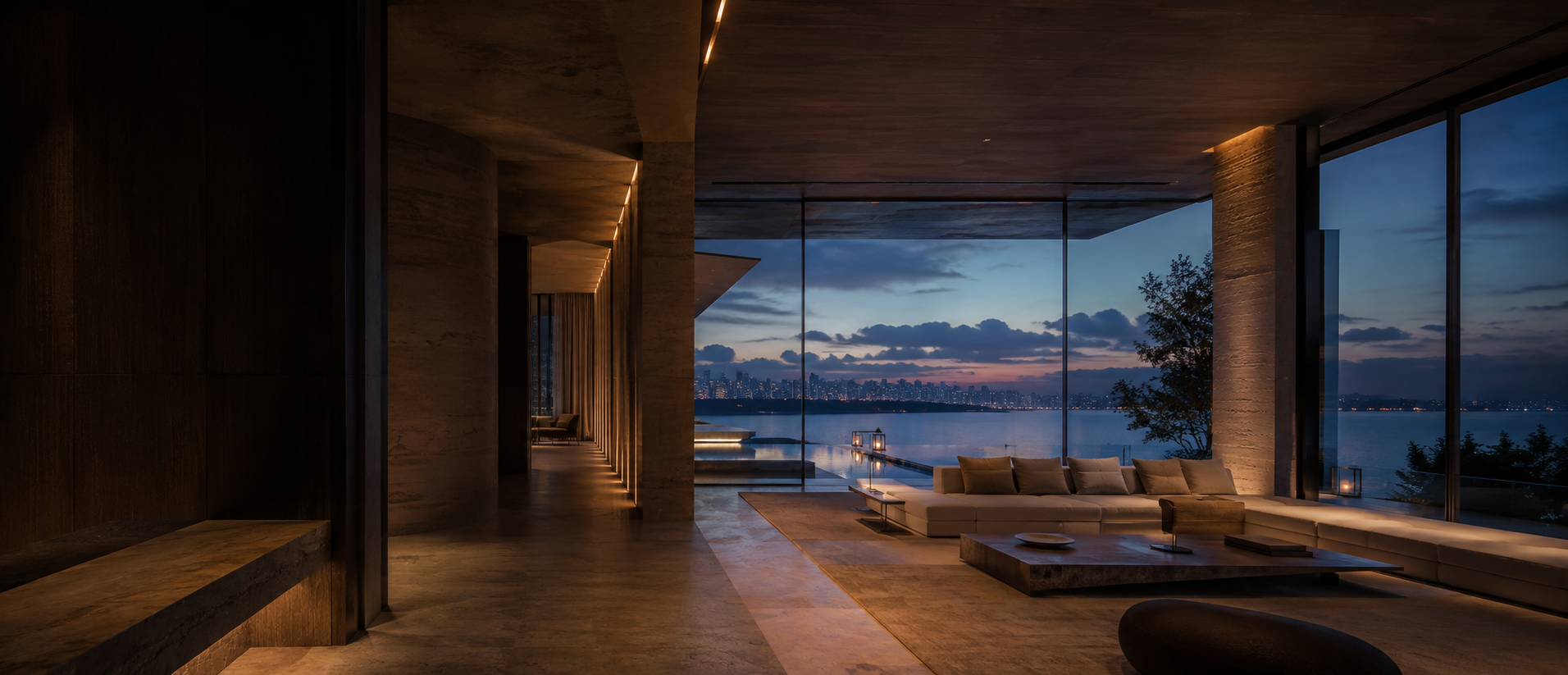 Cinematic waterfront villa interior at blue hour